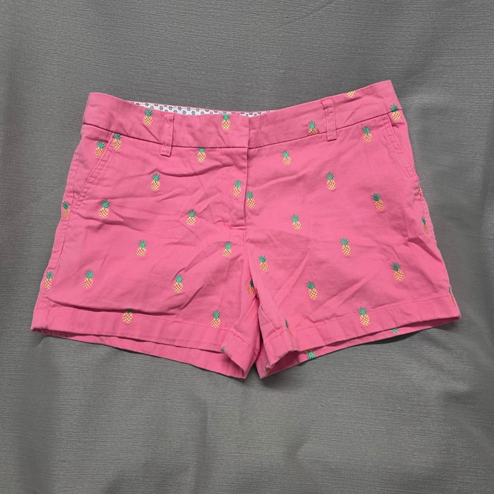 British Khaki Pink Pineapple Embroidered Chino Shorts Womens 8 Preppy Summer